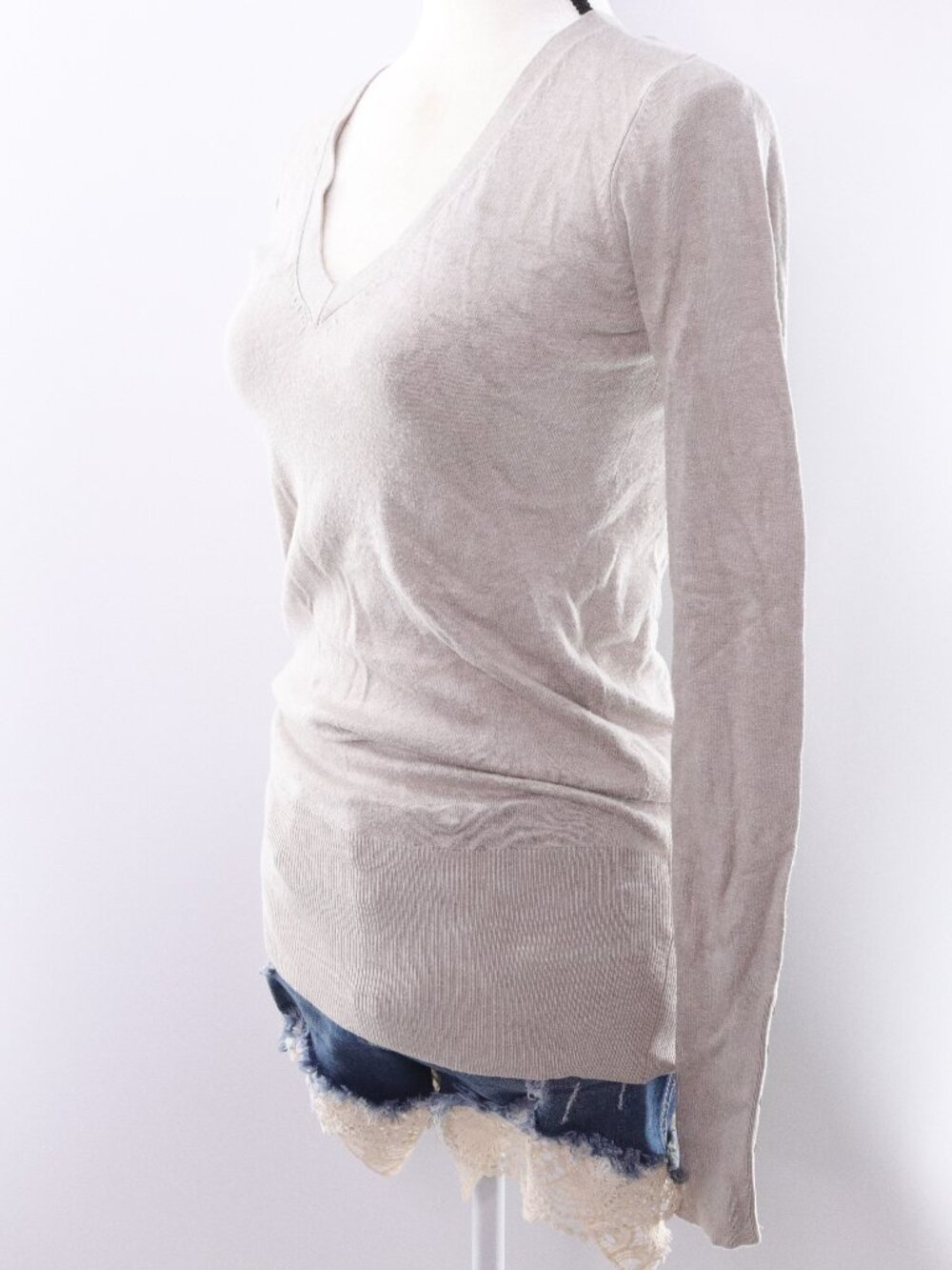 Zara Knit V Neck Longline Sweater Medium Beige Button Cuff